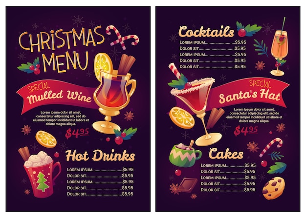 Plantilla de menú de navidad de dibujos animados