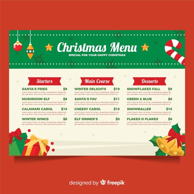 Plantilla de menú de navidad en diseño plano