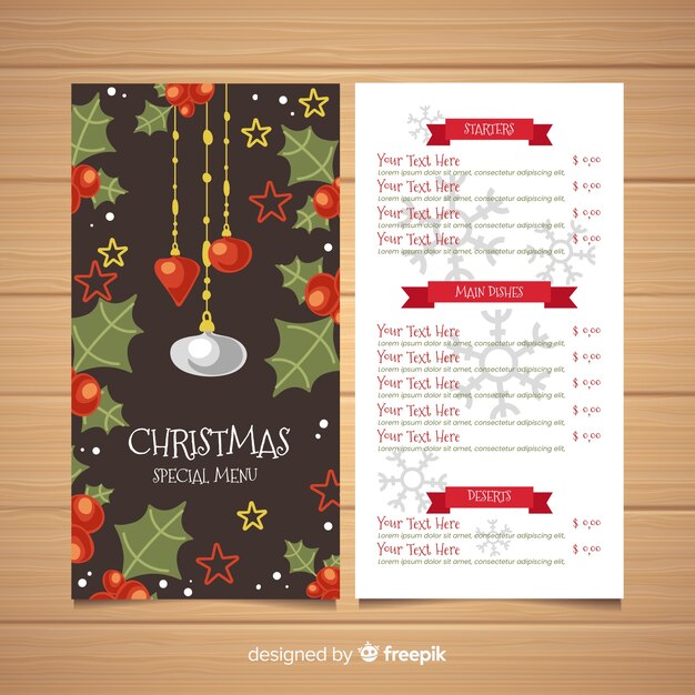 Plantilla de menú de navidad de diseño plano