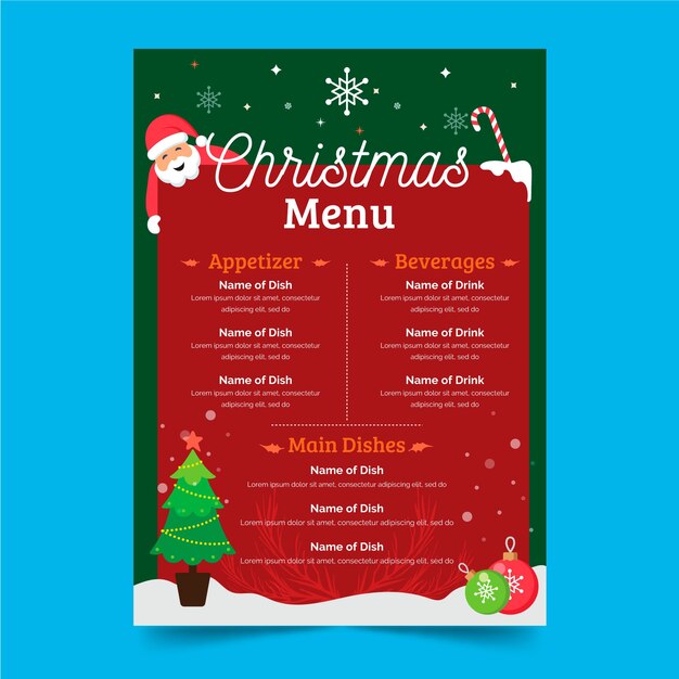 Plantilla de menú de navidad de diseño plano