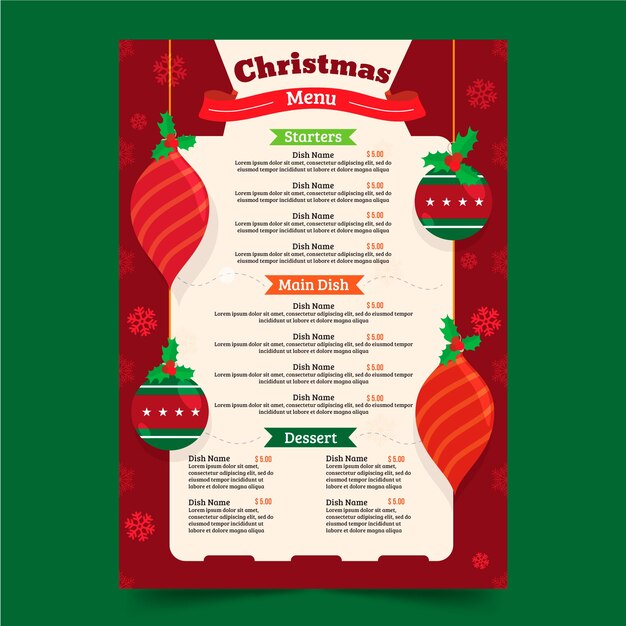 Plantilla de menú de navidad de diseño plano