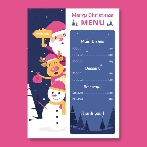 Plantilla de menú de navidad de diseño plano