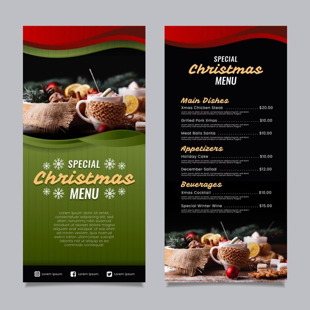 Plantilla de menú de navidad en diseño plano