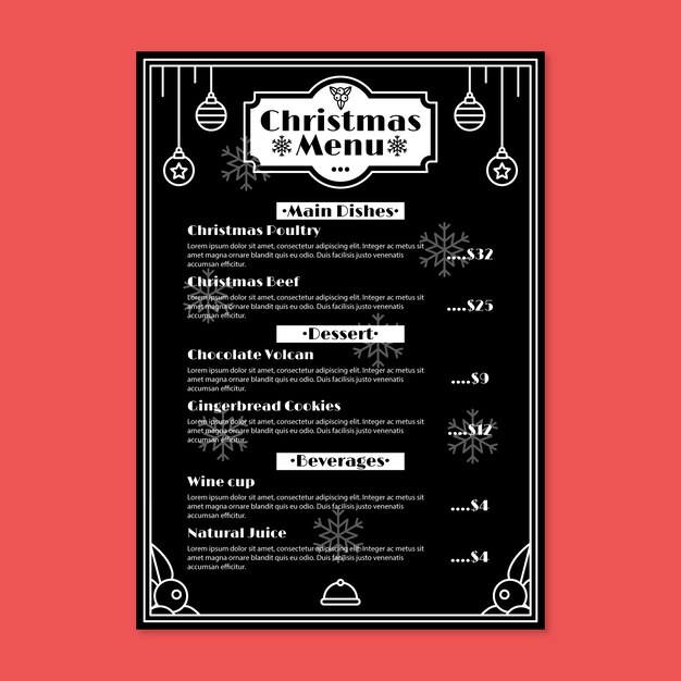 Plantilla de menú de navidad de diseño plano
