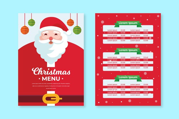 Plantilla de menú de navidad de diseño plano