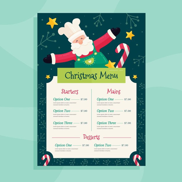Plantilla de menú de navidad en diseño plano