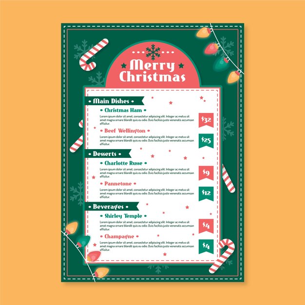 Plantilla de menú de navidad en diseño plano