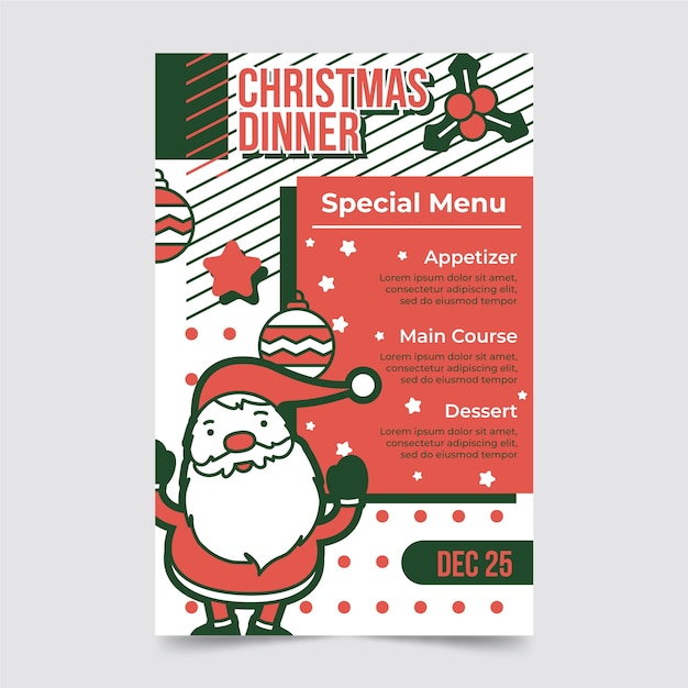 Plantilla de menú de navidad de diseño plano