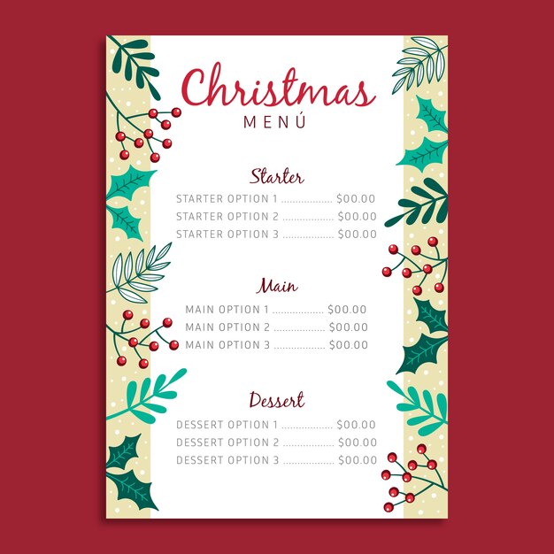 Plantilla de menú de navidad de diseño plano