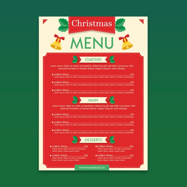 Plantilla de menú de navidad en diseño plano