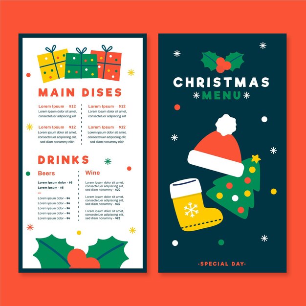 Plantilla de menú de navidad en diseño plano