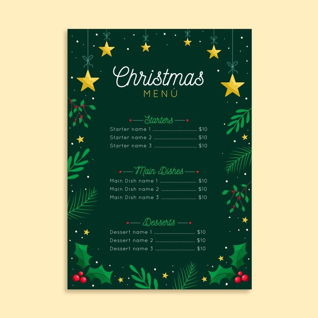 Plantilla de menú de navidad de diseño plano