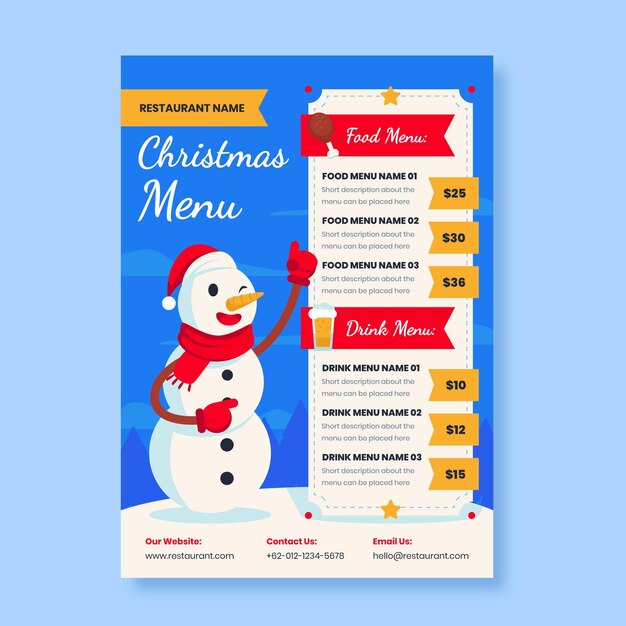 Plantilla de menú de navidad de diseño plano