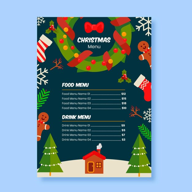 Plantilla de menú de navidad de diseño plano