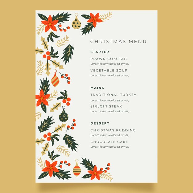 Plantilla de menú de navidad en diseño plano