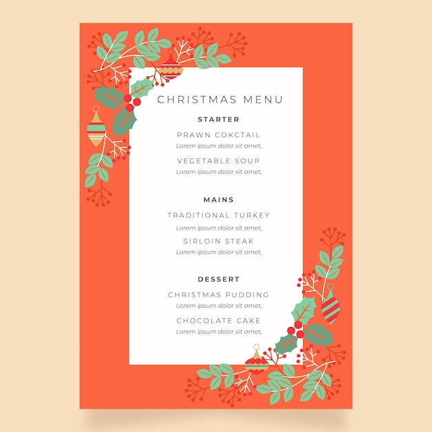 Plantilla de menú de navidad en diseño plano