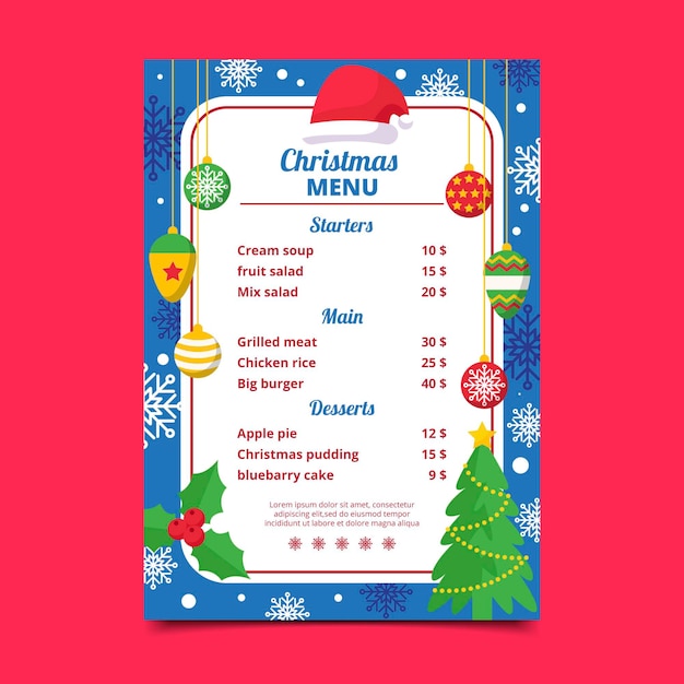 Plantilla de menú de navidad de diseño plano