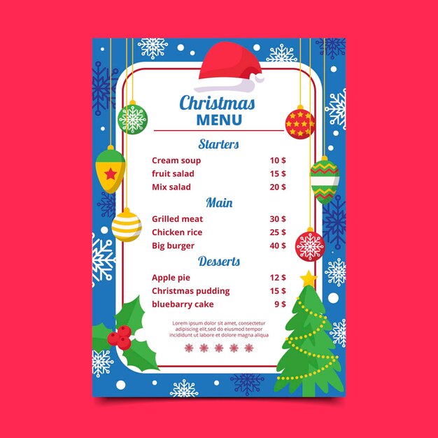 Plantilla de menú de navidad de diseño plano