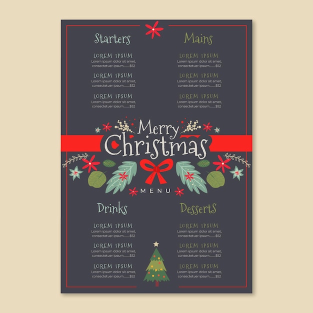 Plantilla de menú de navidad de diseño plano