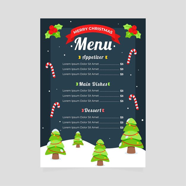 Plantilla de menú de navidad de diseño plano
