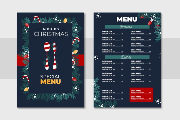 Plantilla de menú de navidad de diseño plano