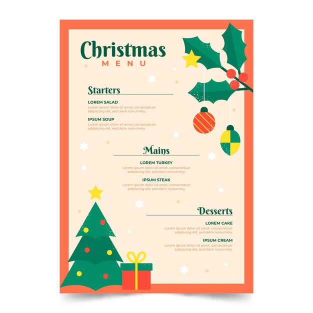 Plantilla de menú de navidad de diseño plano