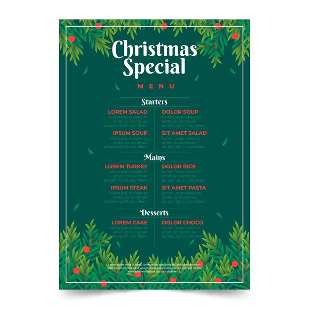 Plantilla de menú de navidad de diseño plano