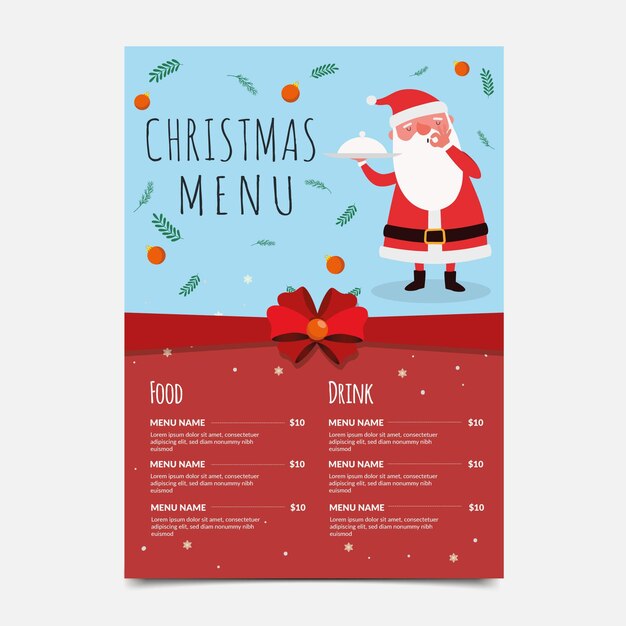Plantilla de menú de navidad en diseño plano