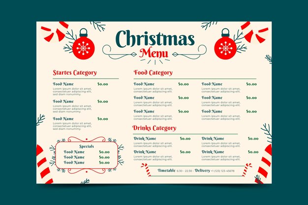 Plantilla de menú de navidad de diseño plano
