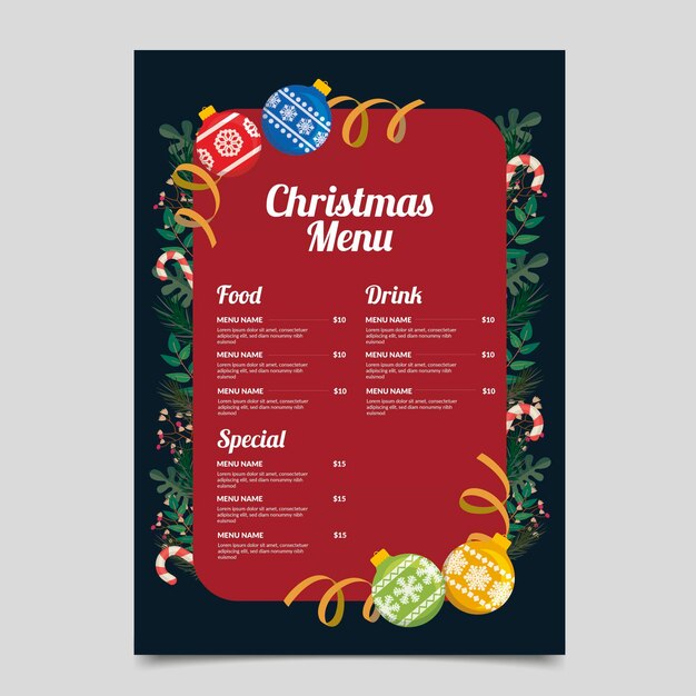 Plantilla de menú de navidad de diseño plano