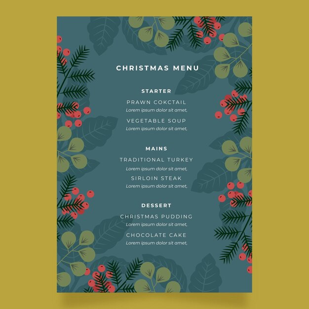 Plantilla de menú de navidad de diseño plano