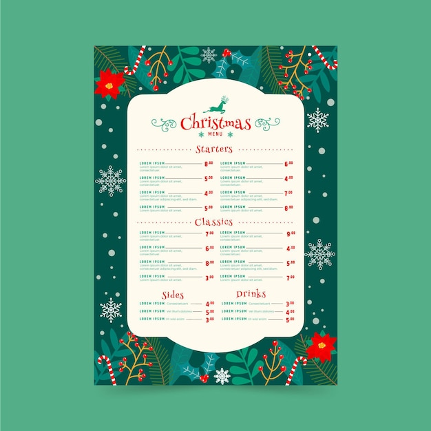 Plantilla de menú de navidad de diseño plano