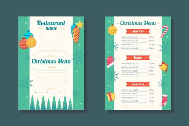 Plantilla de menú de navidad de diseño plano