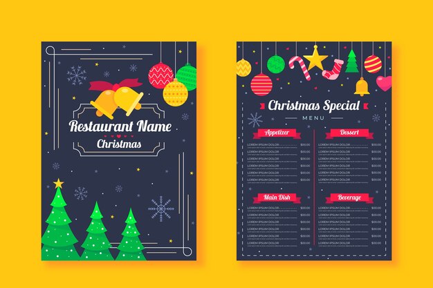 Plantilla de menú de navidad de diseño plano