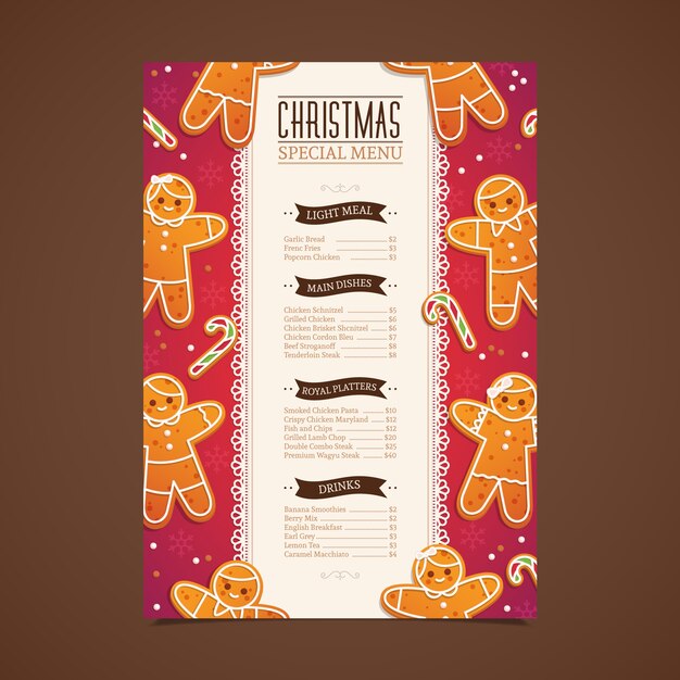 Plantilla de menú de navidad de diseño plano