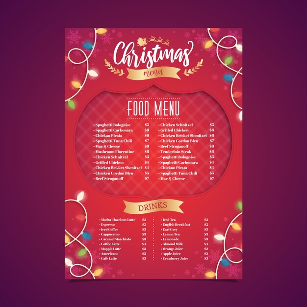 Plantilla de menú de navidad de diseño plano