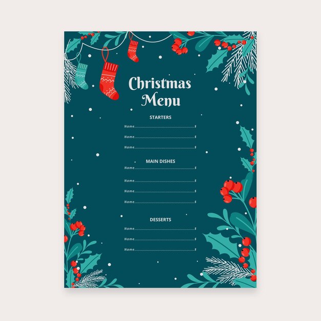 Plantilla de menú navideño en diseño plano