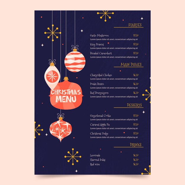 Plantilla de menú navideño en diseño plano
