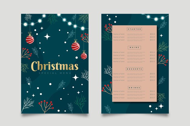 Plantilla de menú navideño en diseño plano