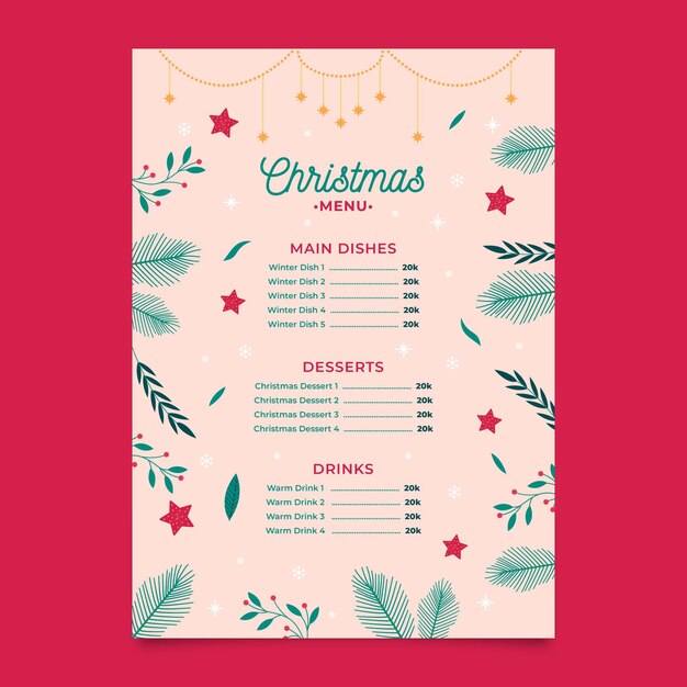 Plantilla de menú navideño en diseño plano