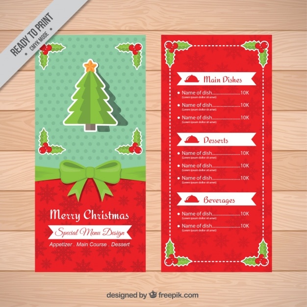Plantilla de menú navideño en estilo retro con lazo