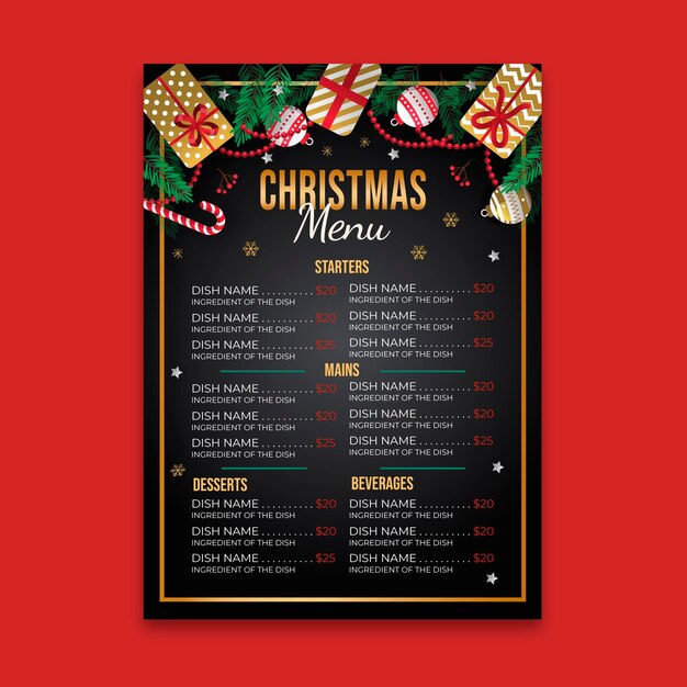Plantilla de menú navideño festivo