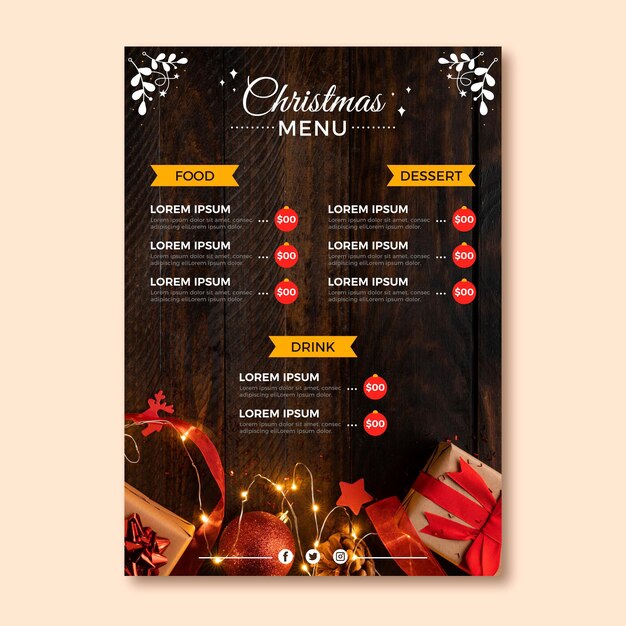 Plantilla de menú navideño con foto