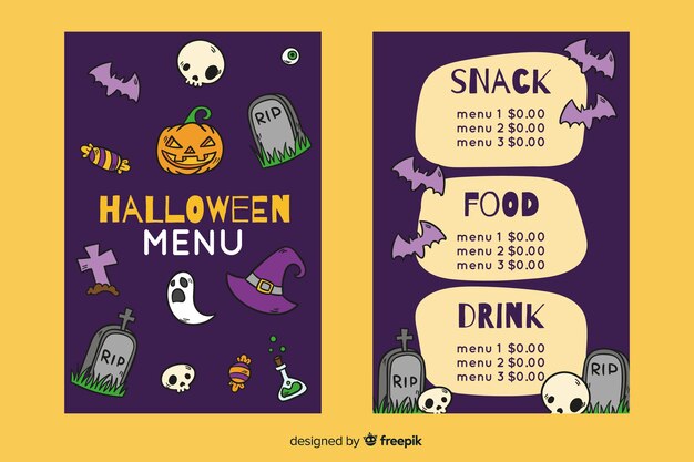 Plantilla de menú de noche de halloween dibujado a mano