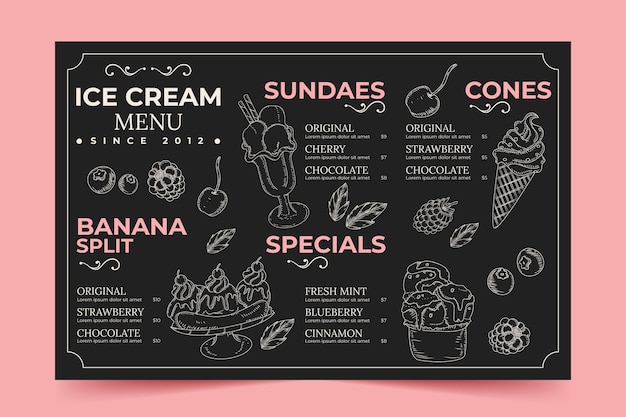 Vector gratuito plantilla de menú de pizarra de helado dibujado a mano grabado