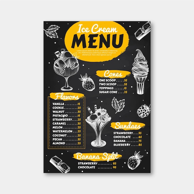 Plantilla de menú de pizarra de helado dibujado a mano
