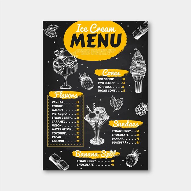 Plantilla de menú de pizarra de helado dibujado a mano