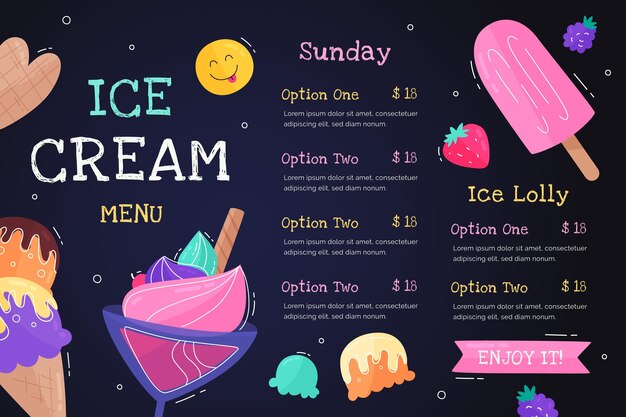 Plantilla de menú de pizarra de helado dibujado a mano