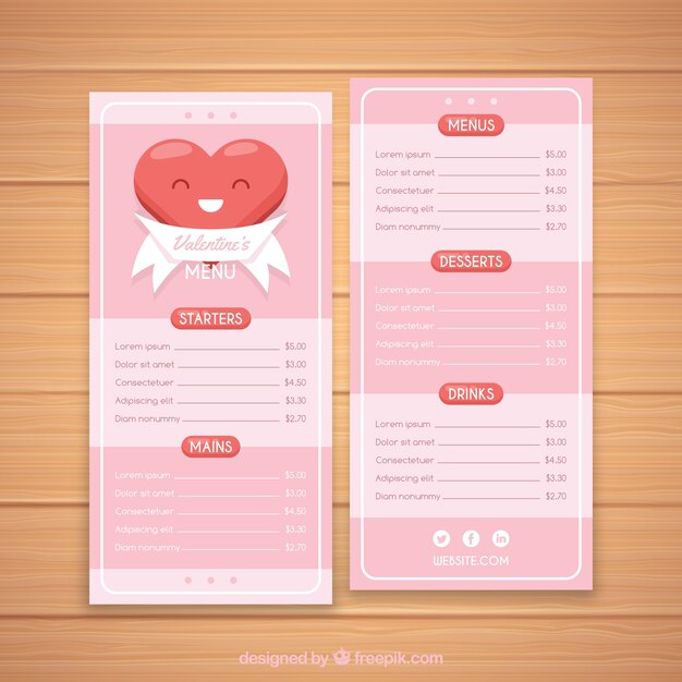 Plantilla de menú plana del día de san valentín 