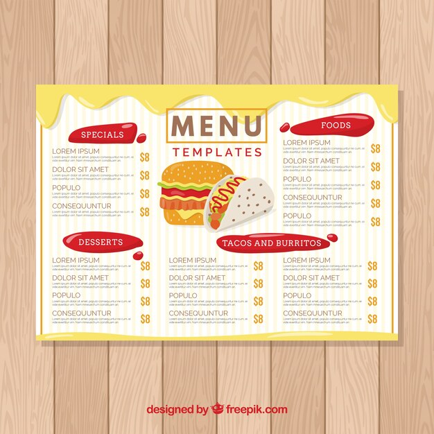 Plantilla de menú plana para un restaurante
